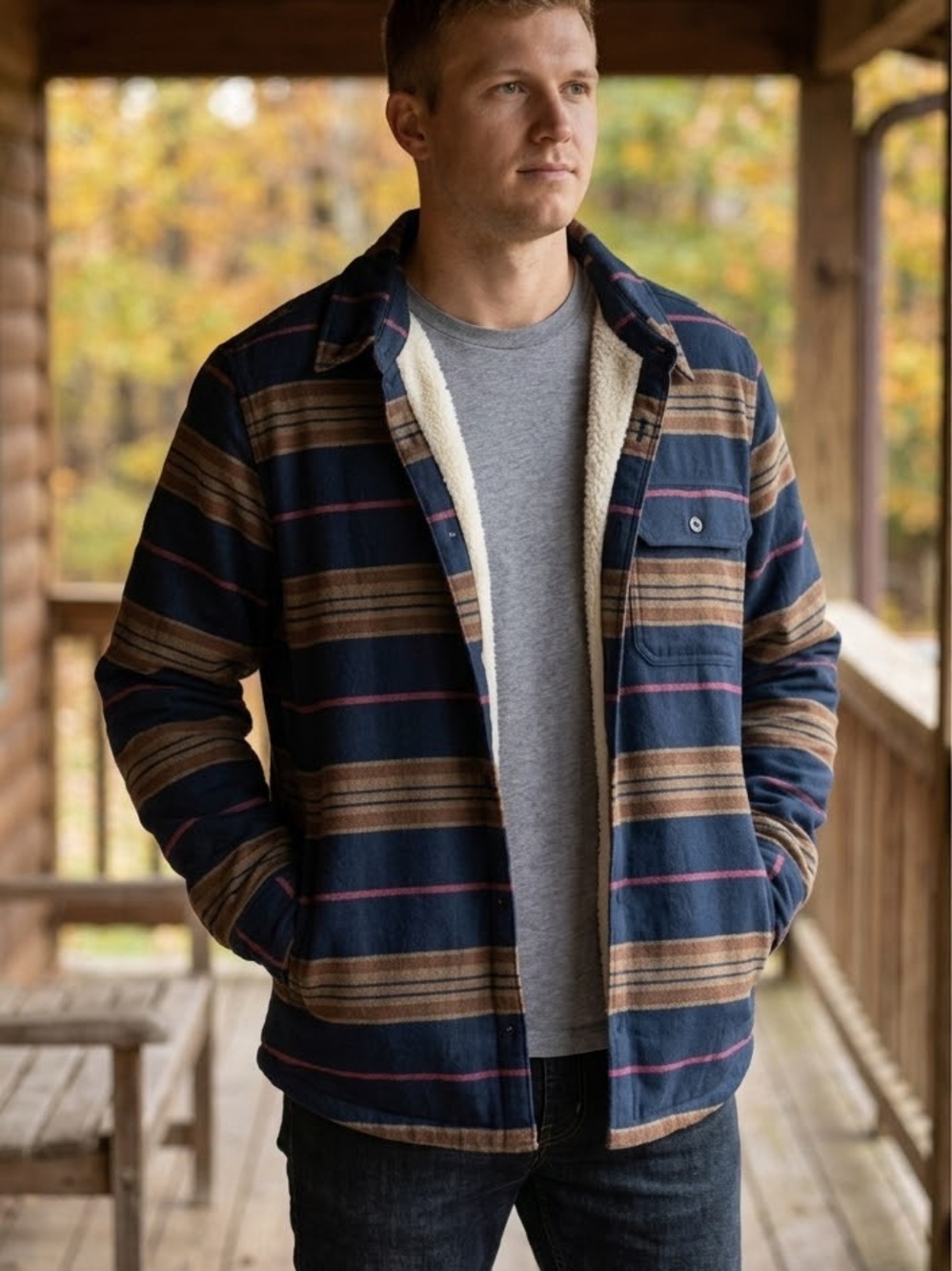 The North Face Men’s Striped Thick Sherpa Shacket Button Front Light Jacket